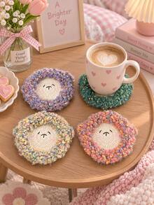Cute Sheep Face Coaster, Polyester Crochet-Style Cup Mat, Soft Textured Table Decor For Coffee & Tea, Cute Home Decor, Fall Decor, Autumn Decor, Thanksgiving Decor, Christmas Decor, Holiday Gift, Room Decor, Coffee Table Decoration - Multicolor - View 2