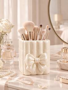1pc Vanity Makeup Organizer Box, Bow Embossed Vertical Stripe Square Large Capacity, Bedroom Desktop Multi-Functional Storage Cream Style, Can Hold Makeup Brushes, Perfume, Nail Art, Hair Styling Tools Storage Tube, Made Of PLA Material, And Odorless, Lightweight And Durable, Suitable For Daily Home Use - Multicolor - View 4