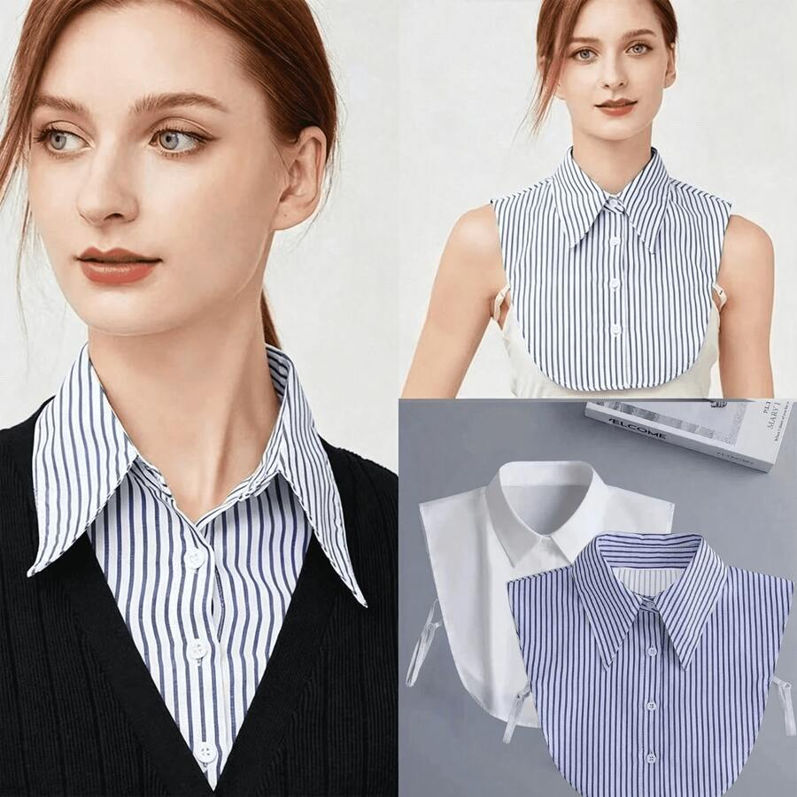Striped Detachable Shirt Collar, Half Shirt With Button-Up Collar, Suitable For Daily Wear, Graduation Ceremony, Halloween Costume Accessory - Multicolor - View 1
