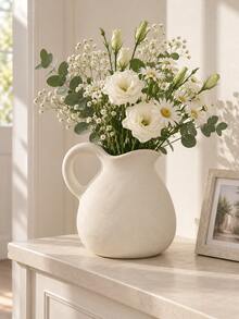 1pc Cream White Ceramic Water Pitcher Vase, Rough Textured Pottery Flower Pot With Handle And Wavy Spout, Rustic Modern Home Decor, Suitable For Living Room, Entryway, Shelf, Mantel, Coffee Table, Dining Table Centerpiece, Housewarming Gift - Short and Stout Water Bottle Vase - View 9