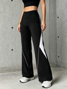 Hidkat Women's Fashion Solid Color Patchwork High Waist Elastic Letter Waistband Slim Fit Athletic Knit Leggings - Black and White - View 3