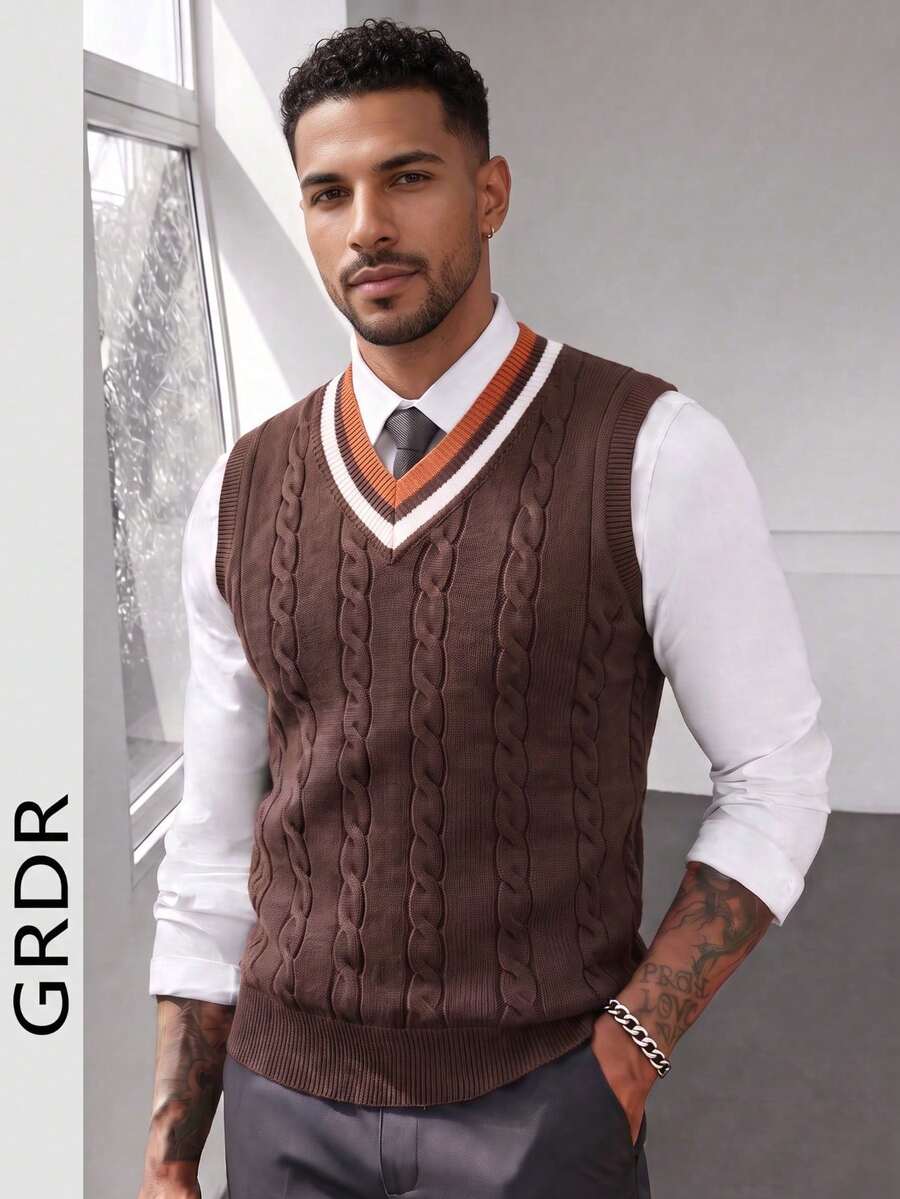 GRDR Men's Striped Patchwork Knit Vest - Casual Fashion Daily Wear - Brown - View 1