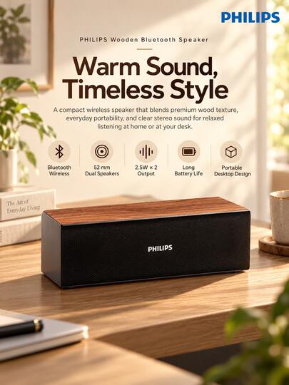 PHILIPS SPA3809 원목 바형 블루투스 스피커 시계 겸 휴대폰 거치대 컴퓨터 스피커 가정용 데스크탑 우퍼 멀티미디어 유선 게임 스피커 선물용 블랙