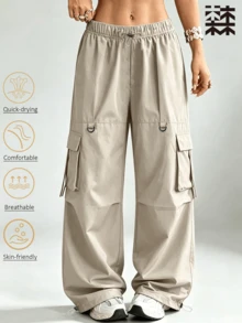 mulinsen Cargo Pants, Elastic Drawstring Waist, Multi-Pocket Wide Leg Tapered Hem Convertible Long Pants - Khaki - View 1