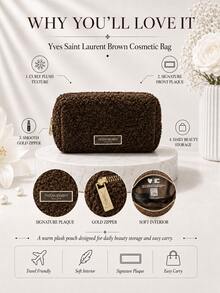 YSL 棕色毛絨化妝包，17*9cm，1件，捲曲紋理配金色拉鍊，大容量，適合日常補妝與旅行收納 - 咖啡棕 - 查看 5