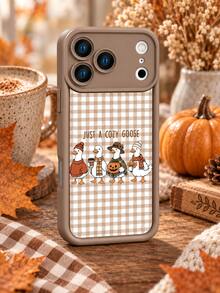 1pc Autumn Plaid Healing Goose Phone Case, Brown Frame Full Coverage Shockproof Soft Shell, Compatible With Iphone 17 16 15 14 13 12 11/Pro/ProMax/X/XR/XS/XSMAX/7/8/PLUS, /Honor - Khaki - View 2