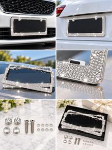 Sparkling License Plate Frame, Crystal Bling Rhinestone Stainless Steel Women's License Plate Frame, Diamond Car Exterior Accessories, Perfect Gift For Girls, Car Accessories, Fits Most Models - A - View 5