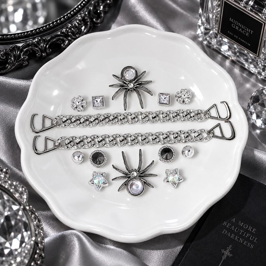 14PCS Silver Black Shoe Charms For Clogs, Spider Star Flower Rhinestone Chain Shoe Decorations, ABS Bling DIY Shoe Accessories For Women Girls - Grey - View 1