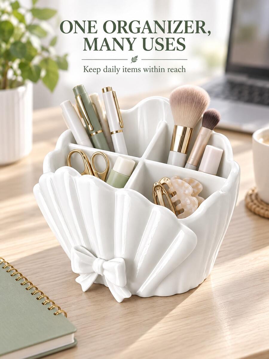 Kotak Penyimpanan Bentuk Cangkang dengan Dekorasi Pita, Multi Kompartemen, Tempat Kosmetik, Kuas Makeup, Perhiasan, Hadiah Pernikahan Sempurna, Dekorasi Meja Rias Elegan, Kamar Mandi, Asrama, Kembali ke Sekolah - MultiWarna - View 1