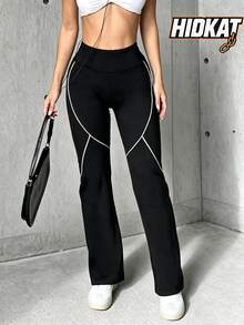 Hidkat Women's Fashion Solid Color High Waist Slim Fit Yoga Sports Knit Flare Pants - Black - View 1