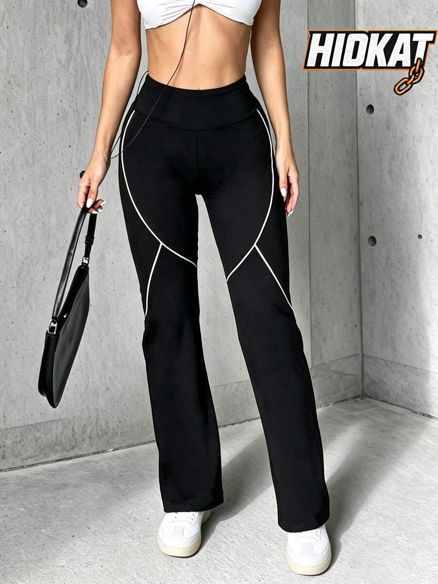 Hidkat Women's Fashion Solid Color High Waist Slim Fit Yoga Sports Knit Flare Pants - Black - View 1