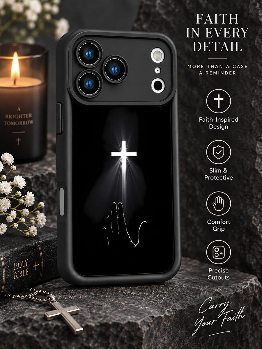 Black Glowing Cross Prayer Hands Phone Case, Minimalist Religious Faith Pattern, Full Coverage Anti-Drop Silicone Protective Shell Compatible With IPhone 18 17 16 15 14 13 12 11/Pro/ProMax/X/XR/XS/XSMAX/7/8/PLUS, /Honor - Black - View 1