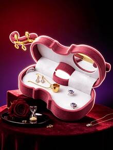 Caja de Joyas de Terciopelo con Forma de Violín & Broche de Violín con Strass, Estuche de Almacenamiento de Labial Mini Lindo para Aretes Anillos Collares, Tema Musical Creativo - Multicolor - Ver 7