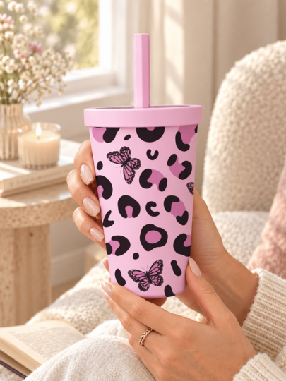1pc 15oz Pink Leopard Print Insulated Tumbler With Straw, Butterfly Pattern Stainless Steel Travel Cup With Lid For Hot & Cold Drinks, Cute Coffee Tumbler For Women, School, Office, Commute And Daily Use