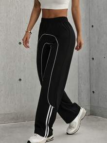 Hidkat Women's Solid Color High Waist Elastic Band Stretch Yoga Casual Sports Knit Long Pants - Black and White - View 5