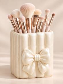 1pc Vanity Makeup Organizer Box, Bow Embossed Vertical Stripe Square Large Capacity, Bedroom Desktop Multi-Functional Storage Cream Style, Can Hold Makeup Brushes, Perfume, Nail Art, Hair Styling Tools Storage Tube, Made Of PLA Material, And Odorless, Lightweight And Durable, Suitable For Daily Home Use - Multicolor - View 1