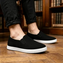 Black Canvas Slip-On Shoes, Lightweight Breathable Casual Slip-On Design, Suitable For All Seasons, Daily Commute, Outdoor Walking, Vacation - Black and White - View 12