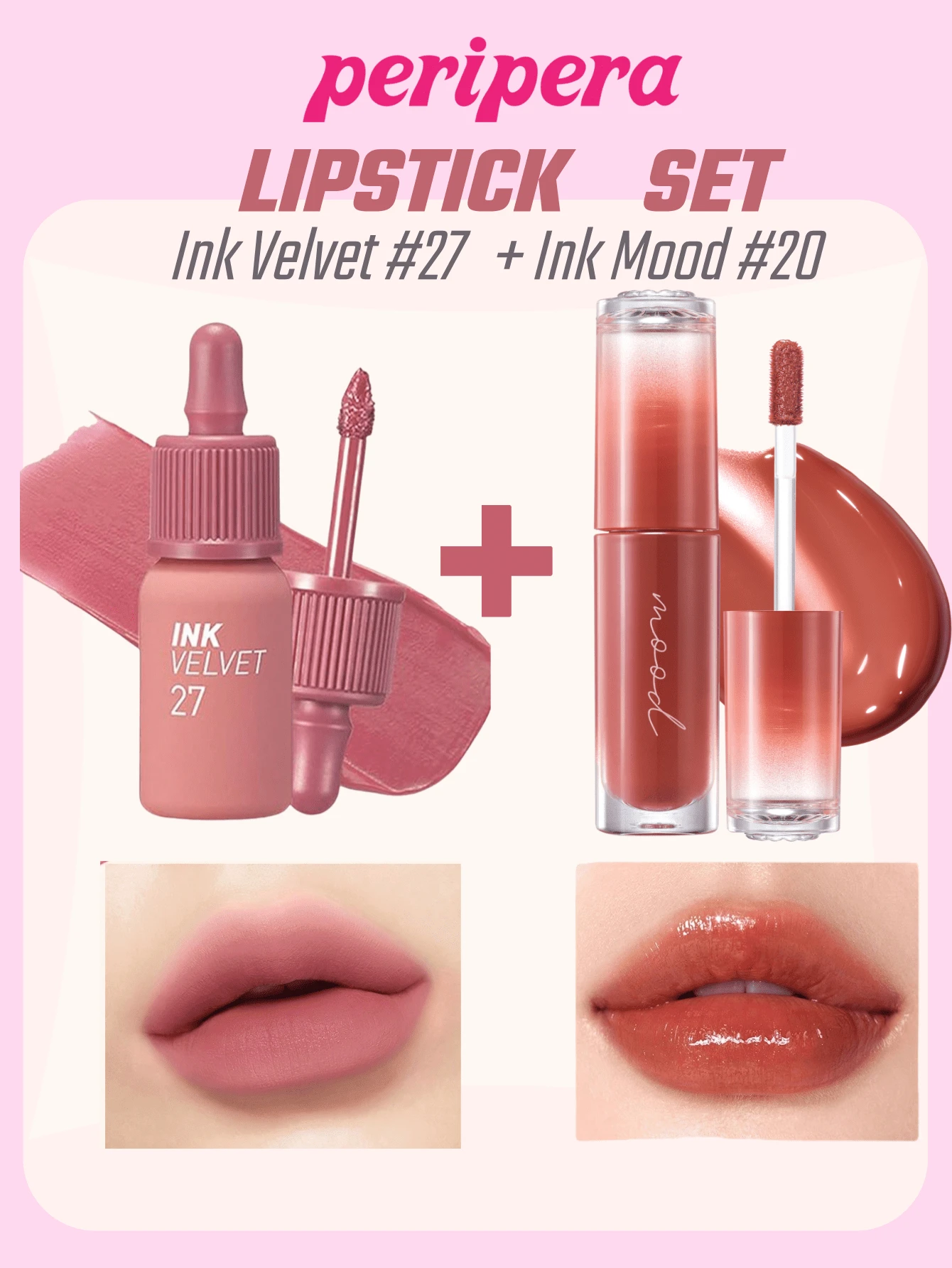 K-Beauty Peripera Ink Mood Glossy Lip Glaze + Ink Velvet Liquid Lipstick, Watery Gloss, Plumping Effect, Long-Lasting Color, High Pigmentation, Korean Makeup Set - Tint & Lip Glow Set - View 1