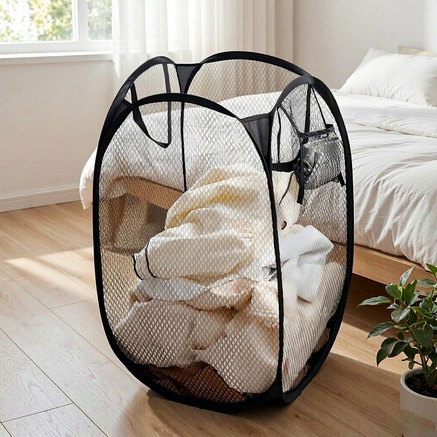 Pop-Up Mesh Laundry Hamper, Collapsible Laundry Storage Basket With Reinforced Handles And Side Pockets, Breathable Laundry Organizer For College Dorm/Apartment Living/Travel, Back To School & Holiday Essential - Black - View 1