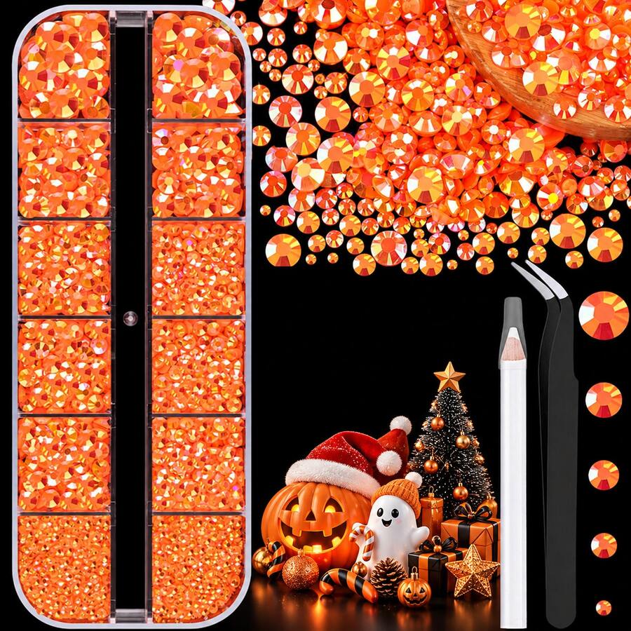 Orange Iridescent Flat Resin Rhinestones, 12-Grid Box Assorted Size Round Rhinestones, Handmade DIY Rhinestone Accessories, Cup, Notebook, Makeup Mirror Decoration, Halloween, Autumn Handmade Craft, Clothing, Phone Case DIY Shiny Decorative Supplies - Orange - View 1