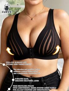 Plus Size Sexy Semi-Sheer Deep V Backless Bra, Striped Comfortable Wireless Front Closure Bra, Casual Wear Camisole Spaghetti Strap Tube Top - Black - View 3