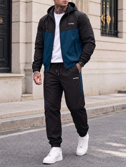 1 bộ đồ thể thao nam mùa thu thêu phối màu, áo khoác hoodie kéo khóa và quần jogger, phong cách đường phố thường ngày, quà tặng bạn trai