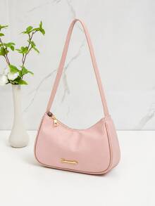 1pc Women's Minimalist Solid Color Litchi Texture Underarm Bag, Metal Letter Logo Shoulder Baguette Bag, Casual Zipper Lightweight Commuter Small Bag - Pink - View 4
