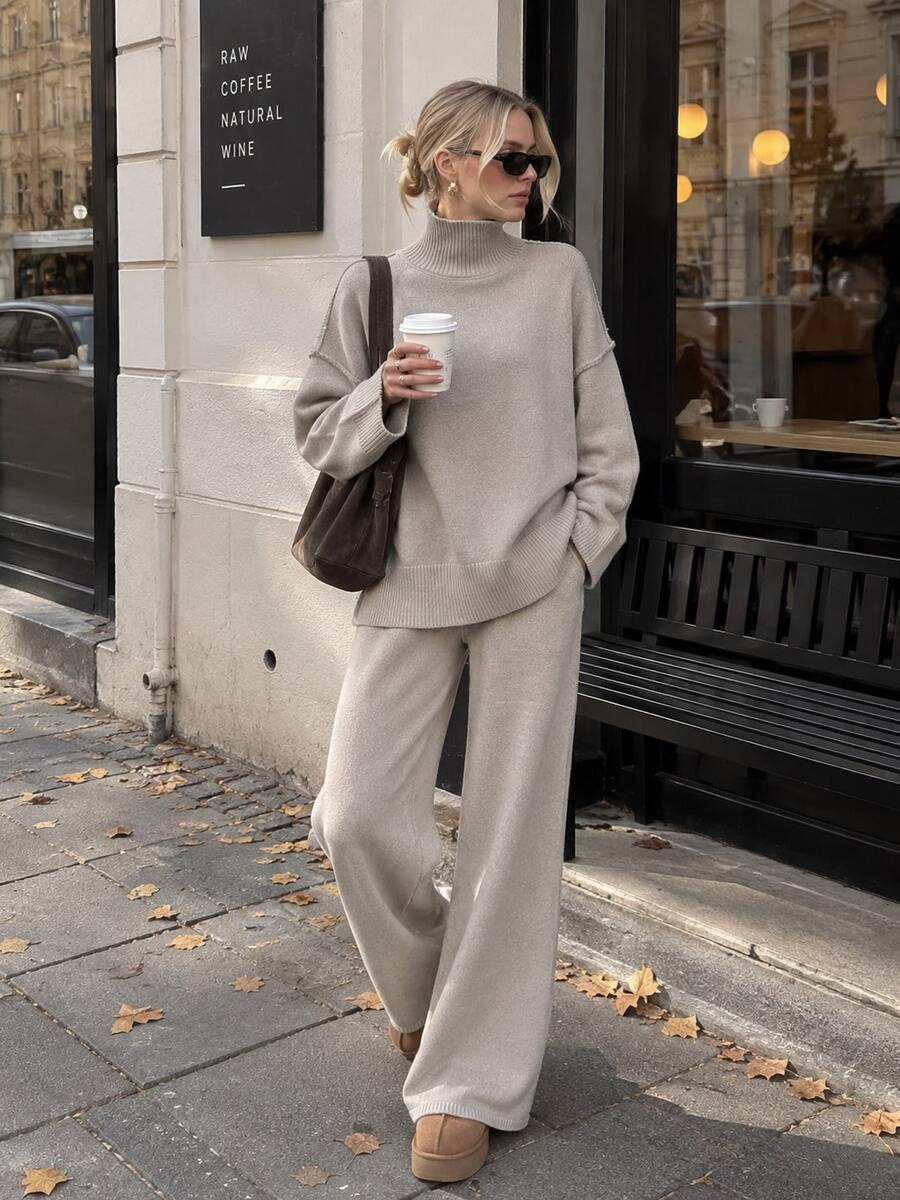 Women's Chic Beige High Neck Loose Knit Sweater And Wide Leg Pants Co-Ord Set, Perfect For Fall Daily Wear - Khaki - View 1