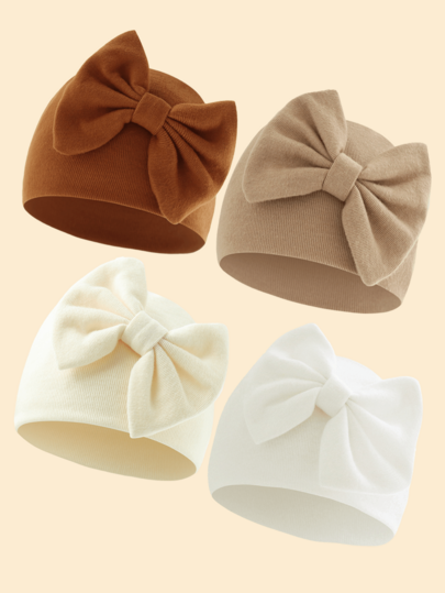 4 piezas Gorro de bebé con lazo grande, Gorro de lazo 3D dulce para recién nacido, Gorro elástico acanalado suave para recién nacido, Adecuado para accesorios de fotografía de bebé, Se puede usar como regalo