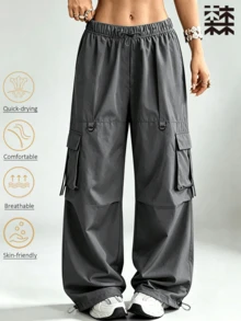 mulinsen Cargo Pants, Elastic Drawstring Waist, Multi-Pocket, Wide Leg & Tapered Hem, 2-In-1 Long Pants - Dark Grey - View 1