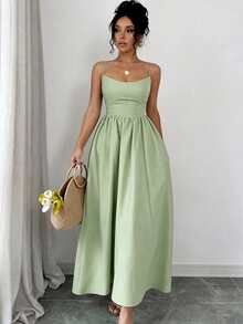 New Spring/Summer Fashion Minimalist Elegant Daily & Vacation Style Adjustable Strap Dress, Regular Sizes For Women - Green - View 3
