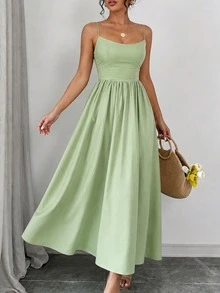 New Spring/Summer Fashion Minimalist Elegant Daily & Vacation Style Adjustable Strap Dress, Regular Sizes For Women - Green - View 4