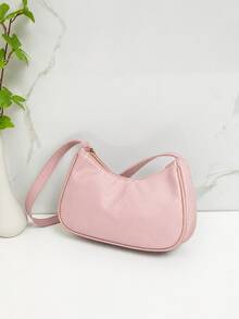 1pc Women's Minimalist Solid Color Litchi Texture Underarm Bag, Metal Letter Logo Shoulder Baguette Bag, Casual Zipper Lightweight Commuter Small Bag - Pink - View 3