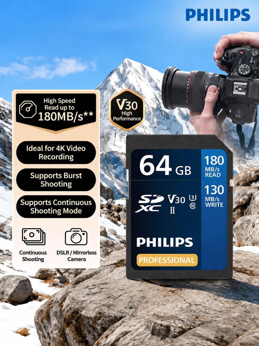 PHILIPS 64GB/128GB/256GB 4K High-Speed Blue Card V30 SD Memory Card U3 C10 Camera Storage Card Read Speed 180MB/S Write Speed 130MB/S DSLR Mirrorless Camera High-Speed Storage Card - View 1