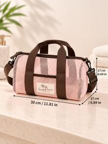 1pc Pink Mesh Toiletry Bag With Handle And Shoulder Strap, Portable Travel Toiletry Bag, Large Capacity Cosmetic And Bathroom Storage Bag, Suitable For Cosmetics, Skincare, Bath Products, Gym, Dorm, Vacation And Daily Storage - Multicolor - View 4