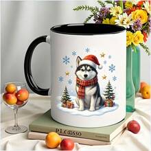 Christmas Cartoon Husky Mug, Christmas Hat Scarf Puppy Christmas Tree Gift Snowflake Star Print Black Interior Color Block Ceramic Coffee Cup Holiday Gift Water Cup - Multicolor - View 10