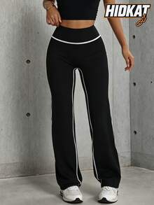 Hidkat Women's Solid Color High Waist Letter Yoga Casual Sports Knit Long Pants - Black - View 1