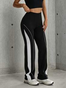 Hidkat Women's Fashion Solid Color Patchwork High Waist Elastic Yoga Casual Sports Knit Long Pants - Black and White - View 5