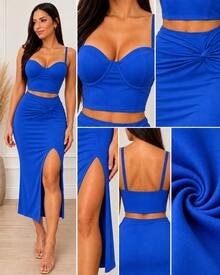 Conjunto Feminino Cropped Corset de Alça + Saia Midi com Fenda e Detalhe Franzido - Azul - Visão 4