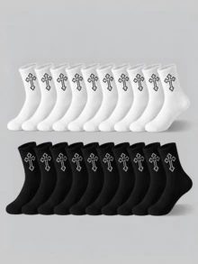 1/5/10/20 Pairs Unisex Black & White Contrast Cross Embroidery Ribbed Cuff Soft Cotton Breathable Sweat-Absorbent Street Style Mid-Calf Socks, Suitable For Daily Wear, Sports And Halloween Party - Multicolor - View 1
