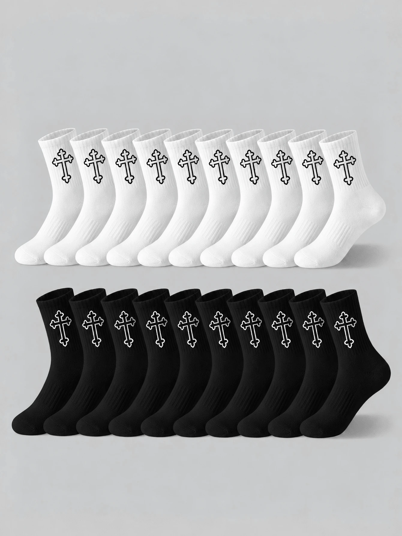 1/5/10/20 Pairs Unisex Black & White Contrast Cross Embroidery Ribbed Cuff Soft Cotton Breathable Sweat-Absorbent Street Style Mid-Calf Socks, Suitable For Daily Wear, Sports And Halloween Party - Multicolor - View 1