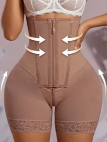 1pc Women's Shaping Panties, High Waist Shaping Shorts, Zipper Closure, Tummy Control Shaping Underwear - Rust Brown - View 1