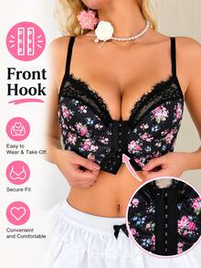 Soft Floral Print Satin Lace Wire Free Front Closure Longline Bra Plus Size Women Lingerie - Multicolor - View 1