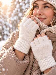 Women's Winter Fingerless Gloves, Thick Warm Knitted Hand Warmers, Ribbed Cuffs, Fingerless Design Convenient For Phone Use, Black And White Color, Suitable For Commuting, Driving, Travel, Outdoor Daily Wear, Christmas And New Year Gift - Multicolor - View 12