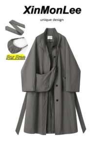 Slouchy Korean Loose Fit Elegant Stand Collar Trench Coat Button-Up Jacket For College Office Daily Wear Spring Autumn - Green - View 1