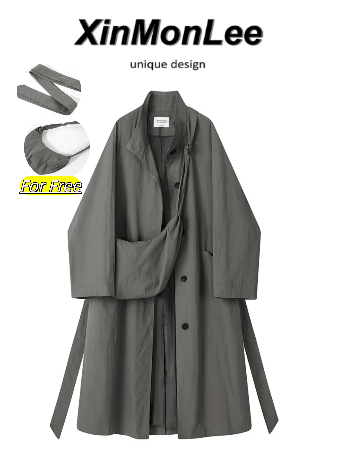 Slouchy Korean Loose Fit Elegant Stand Collar Trench Coat Button-Up Jacket For College Office Daily Wear Spring Autumn - Green - View 1