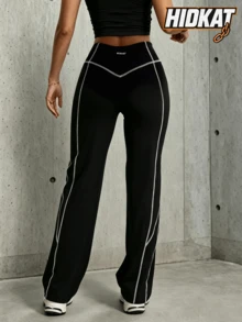 Hidkat Women's Solid Color High Waist Letter Yoga Casual Sports Knit Long Pants - Black - View 2