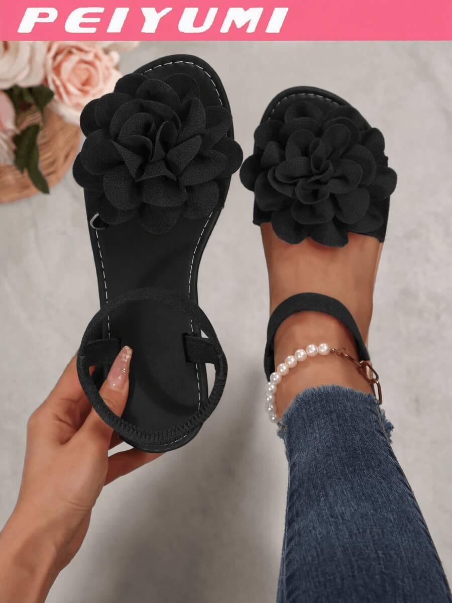 PEIYUMI Sandal Pantai Musim Panas Wanita, Sandal Kasual Elastis dengan Dekorasi Bunga, Mudah Dibawa - Hitam - View 1
