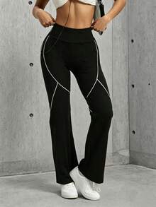 Hidkat Women's Fashion Solid Color High Waist Slim Fit Yoga Sports Knit Flare Pants - Black - View 5