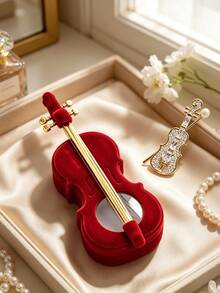 Caja de Joyas de Terciopelo con Forma de Violín & Broche de Violín con Strass, Estuche de Almacenamiento de Labial Mini Lindo para Aretes Anillos Collares, Tema Musical Creativo - Multicolor - Ver 2